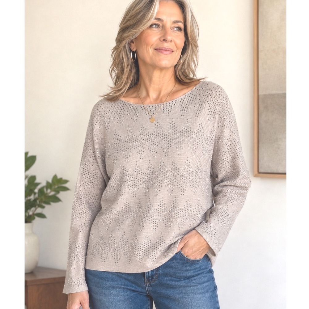 LIV Milano Sweater Batwing Rhinestone‎ Embellished Beige Size M Boat Neck Knit